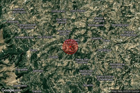 Debole Terremoto M2.3 epicentro 1 km S Sant'Angelo in Pontano (MC) alle 06:07:56 (05:07:56 UTC)