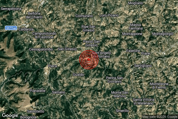 Lieve Terremoto M2.1 epicentro 3 km W Sant'Angelo in Pontano (MC) alle 05:20:44 (04:20:44 UTC)