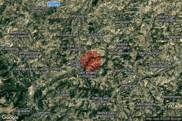 Lieve Terremoto M2.1 epicentro 3 km NE Sant'Angelo in Pontano (MC) alle 19:07:44 (18:07:44 UTC)