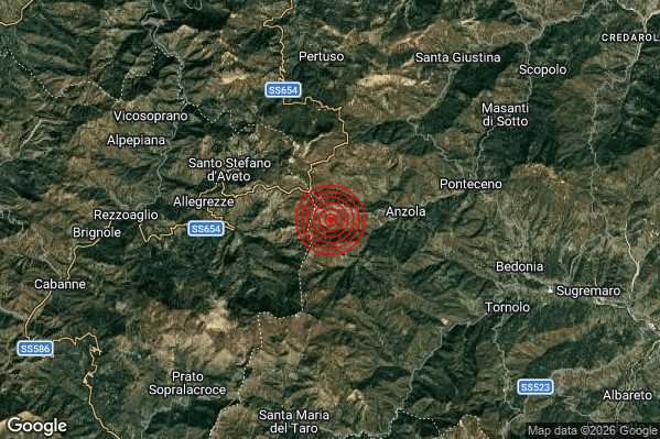 Debole Terremoto M2.3 epicentro 6 km E Santo Stefano d'Aveto (GE) alle 00:23:23 (22:23:23 UTC)