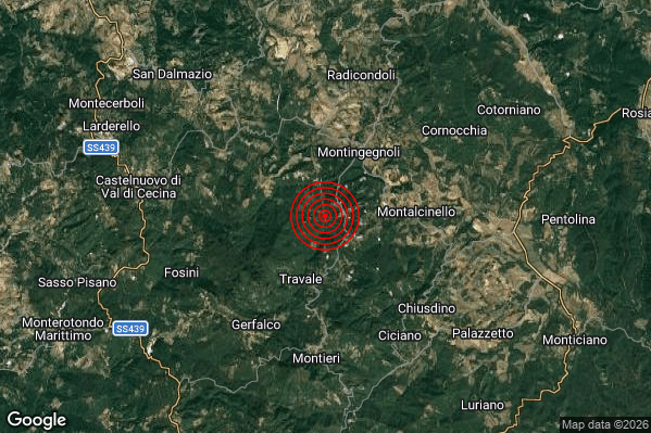 Terremoto 06:55:29 M2.3 epicentro “7 km NW Chiusdino (SI)”
