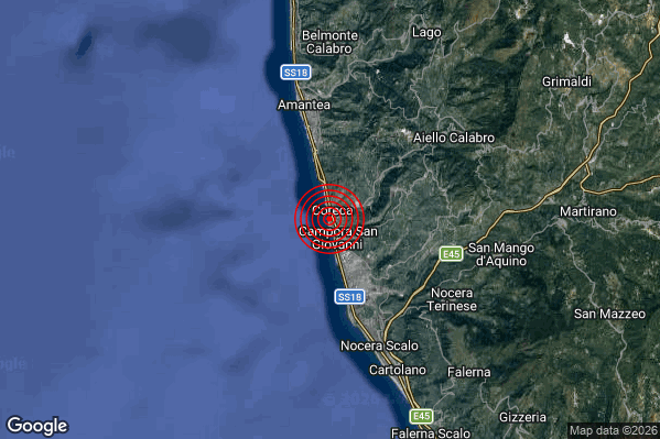 Lieve Terremoto M2.0 epicentro 4 km W Serra d'Aiello (CS) alle 15:24:24 (13:24:24 UTC)