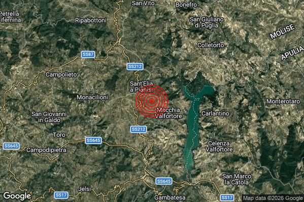 Lieve Terremoto M2.2 epicentro 2 km SE Sant'Elia a Pianisi (CB) alle 20:26:52 (18:26:52 UTC)