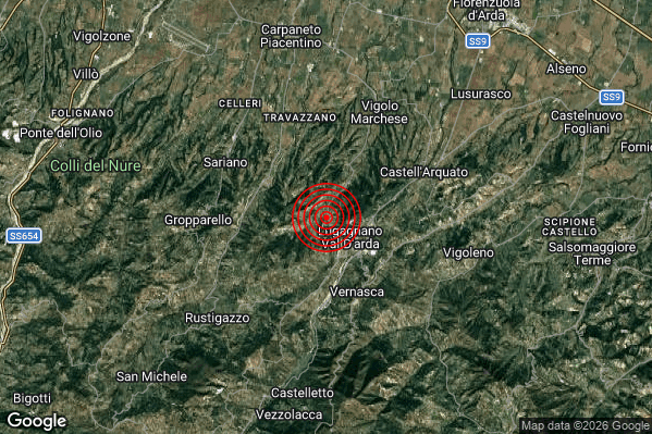 Lieve Terremoto M2.2 epicentro 2 km NW Lugagnano Val d'Arda (PC) alle 20:05:49 (18:05:49 UTC)