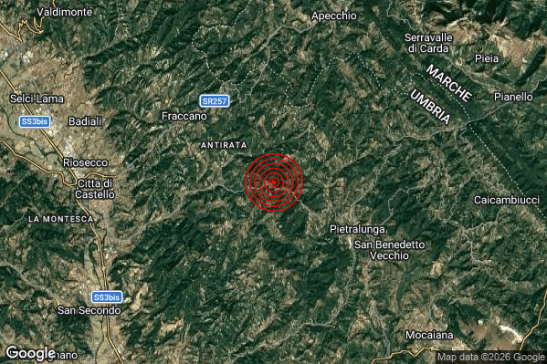 Terremoto 14:52:54 M2.0 epicentro “6 km W Pietralunga (PG)”