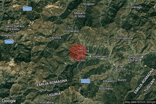 Terremoto 13:23:42 M2.3 epicentro “1 km W Bedonia (PR)” Terremoto 13:23:42 M2.3 epicentro “1 km W Bedonia (PR)”