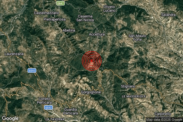 Terremoto 03:36:12 M2.1 epicentro “5 km S Accettura (MT)” Terremoto 03:36:12 M2.1 epicentro “5 km S Accettura (MT)”
