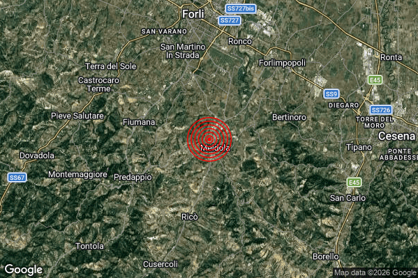 Terremoto 07:59:34 M2.3 epicentro “1 km NW Meldola (FC)” Terremoto 07:59:34 M2.3 epicentro “1 km NW Meldola (FC)”