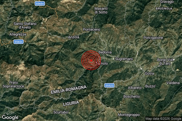 Terremoto 00:04:38 M2.4 epicentro “2 km W Tornolo (PR)” Terremoto 00:04:38 M2.4 epicentro “2 km W Tornolo (PR)”