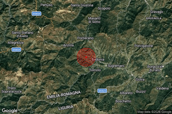 Terremoto 07:37:29 M2.2 epicentro “2 km W Bedonia (PR)” Terremoto 07:37:29 M2.2 epicentro “2 km W Bedonia (PR)”