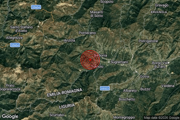 Terremoto 10:29:12 M2.6 epicentro “2 km NW Tornolo (PR)” Terremoto 10:29:12 M2.6 epicentro “2 km NW Tornolo (PR)”
