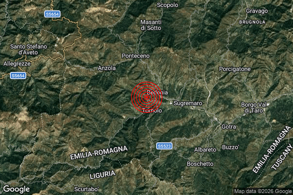 Terremoto 10:36:11 M3.4 epicentro “1 km SW Bedonia (PR)” Terremoto 10:36:11 M3.4 epicentro “1 km SW Bedonia (PR)”