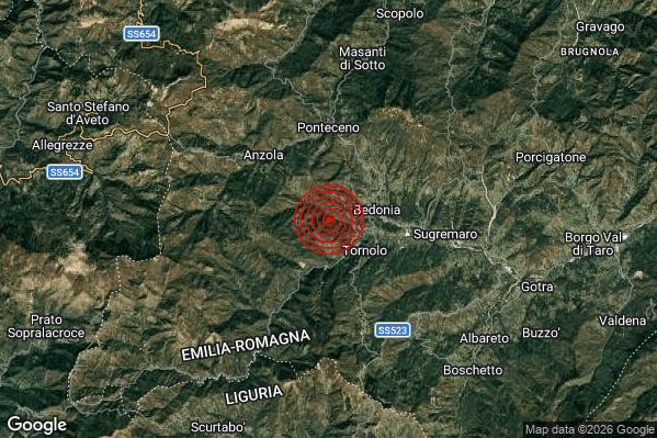 Terremoto 14:27:50 M2.3 epicentro “2 km NW Tornolo (PR)” Terremoto 14:27:50 M2.3 epicentro “2 km NW Tornolo (PR)”