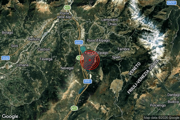 Debole Terremoto M2.7 epicentro 7 km S Alpago (BL) alle 15:02:07 (13:02:07 UTC)