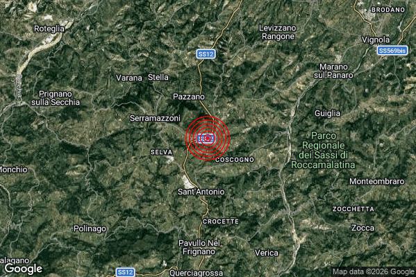 Terremoto 11:16:05 M2.1 epicentro “4 km E Serramazzoni (MO)” Terremoto 11:16:05 M2.1 epicentro “4 km E Serramazzoni (MO)”