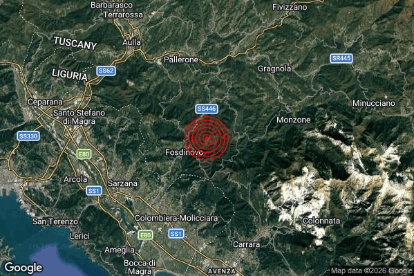 Terremoto 05:49:25 M3.7 epicentro “2 km NE Fosdinovo (MS)” Terremoto 05:49:25 M3.7 epicentro “2 km NE Fosdinovo (MS)”