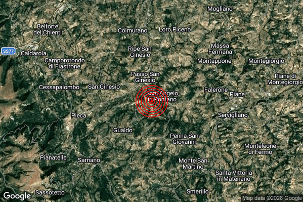 Lieve Terremoto M2.1 epicentro 1 km SW Sant'Angelo in Pontano (MC) alle 22:16:07 (20:16:07 UTC)