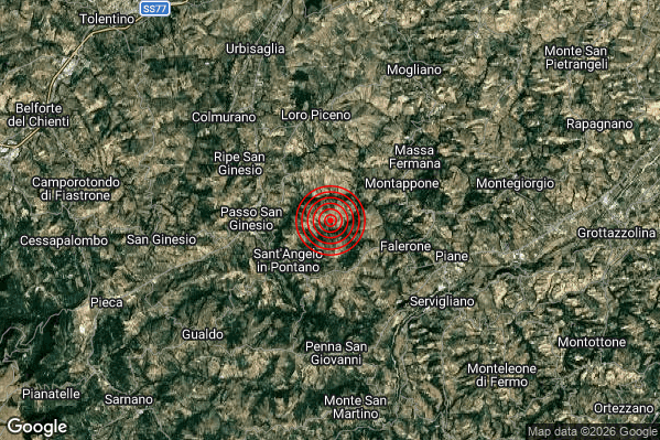 Lieve Terremoto M2.1 epicentro 3 km NE Sant'Angelo in Pontano (MC) alle 08:23:41 (06:23:41 UTC)